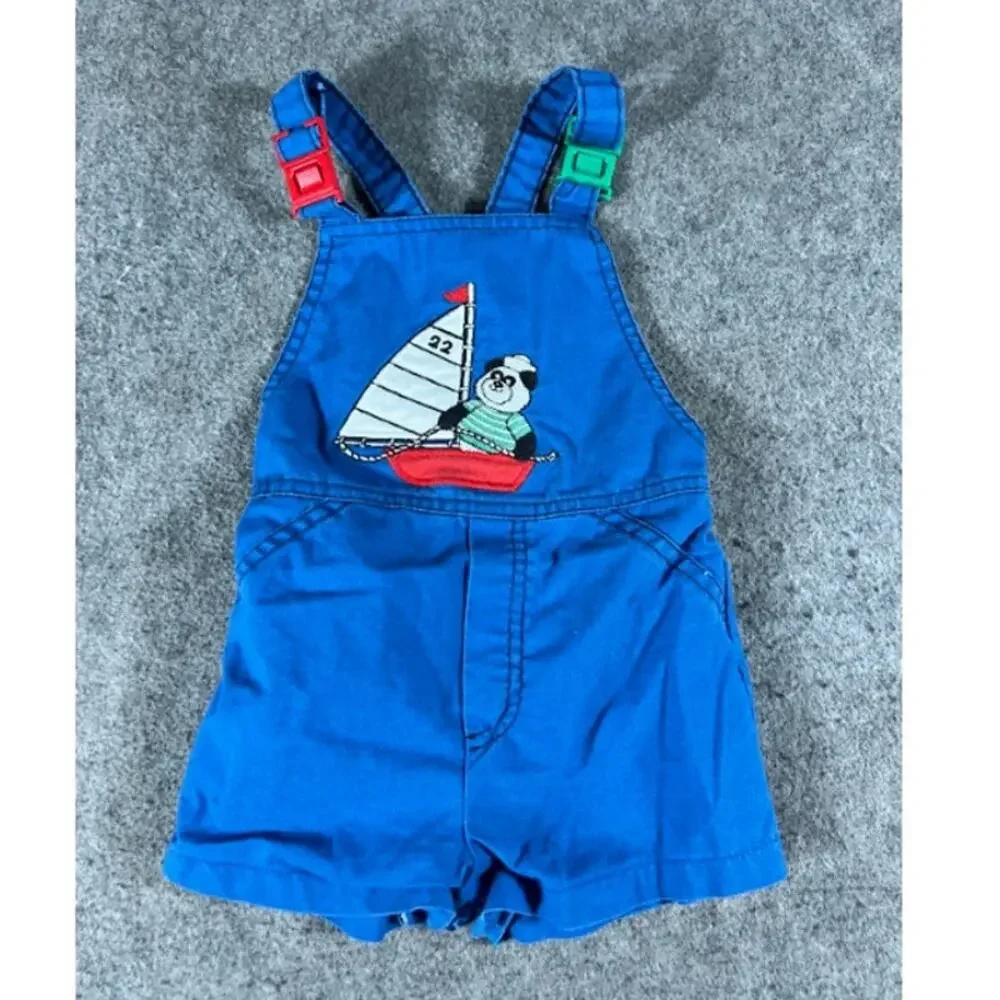 Vintage 80s Carters Panda Sailboat Overalls Shortalls Romper 24mos Blue Kidcore